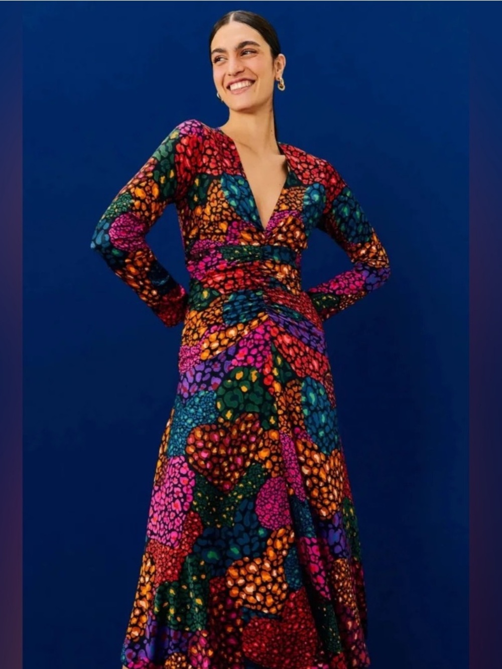Farm Rio Rainbow Hearts Ruching Multicolor V-Neck Long Sleeve Midi Dress size M - Picture 2 of 12